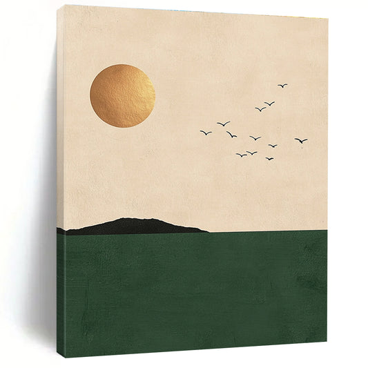 Golden Sun, Birds, and Green Sea Art for Coastal Home Living Area & Wellness Retreat STSC1338