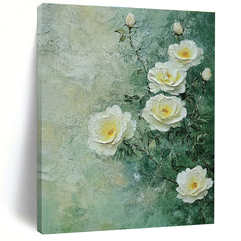 Textured White Roses Romantic Floral Art for Victorian - Style Parlor & Elegant Home Bedroom STSC1490