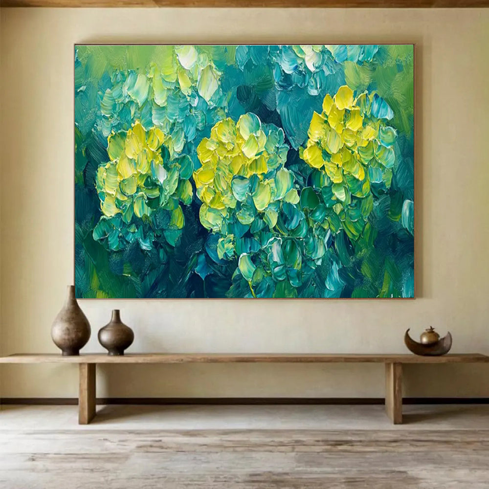 Blue - Green Floral Oil Painting for Tropical - Themed Resort Poolside Cabanas DLZ3183