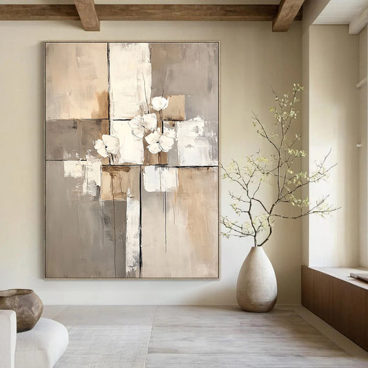 Abstract Flowers in Neutrals for Scandinavian - Style Bedroom & Sophisticated Home Library STSC431