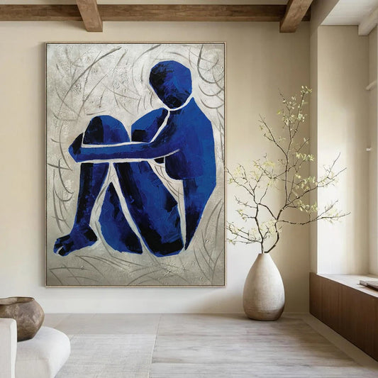 Contemplative Blue Figure Art for Therapy Space & Thoughtful Library DLZ2269