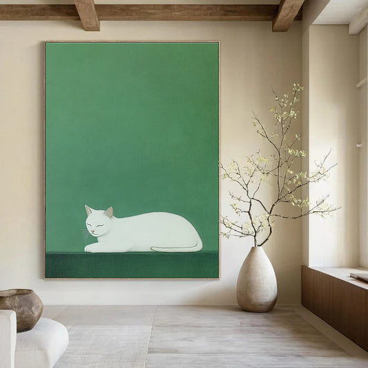 Sleeping White Cat Minimalist Pet Art for Scandinavian - Style Home & Calm Home Library STSC1473