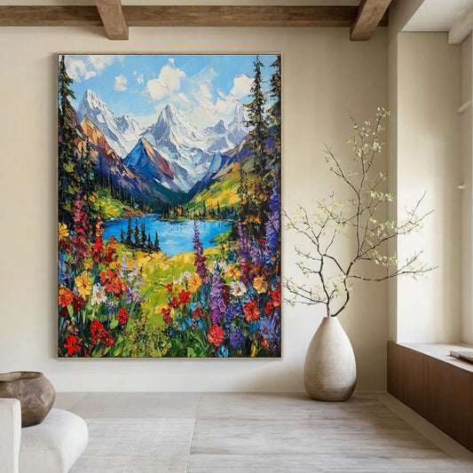 Colorful Mountain - Lake Landscape Art for Ski Resort Chalet & Nature Lover’s Living Room DLZ1659