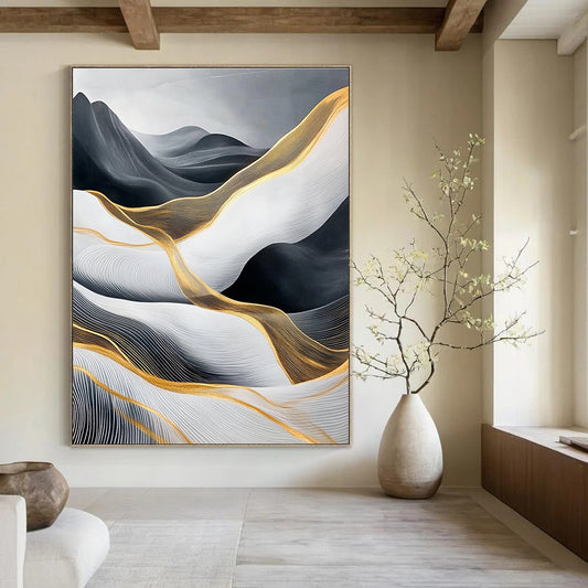 Black, White, and Gold Abstract Waves for Opulent Living Room & High - End Hotel Lobby STSC358