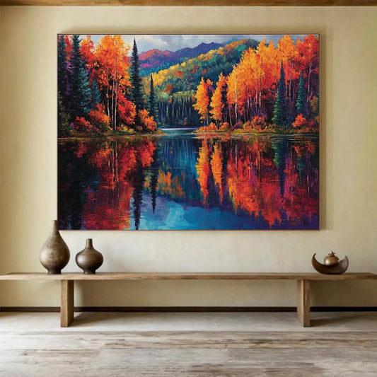 Autumn Lake Reflection Art for Mountain Lodge Living Rooms DLZ3202