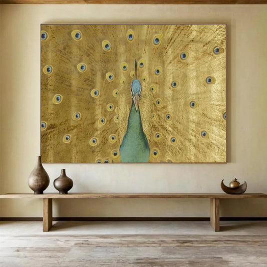 Golden Peacock with Open Feathers Art for Luxe Hotel Lobbies DLZ3124