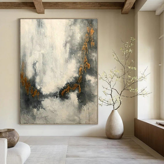 Grey - Gold Waterfall Abstract Art for Living Room & Study DLZ0538
