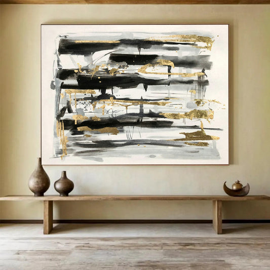 Black - Gray - Gold Abstract Art for Luxury Hotel Lobby Feature Walls DLZ3230