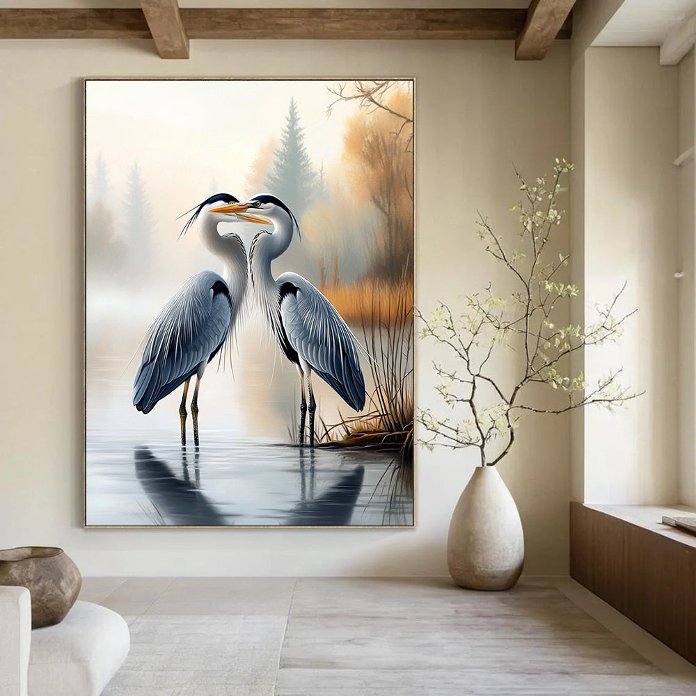 Herons in Mist  Romantic Bird Art for Coastal Bedroom & Serene Home Reading Nook STSC1451