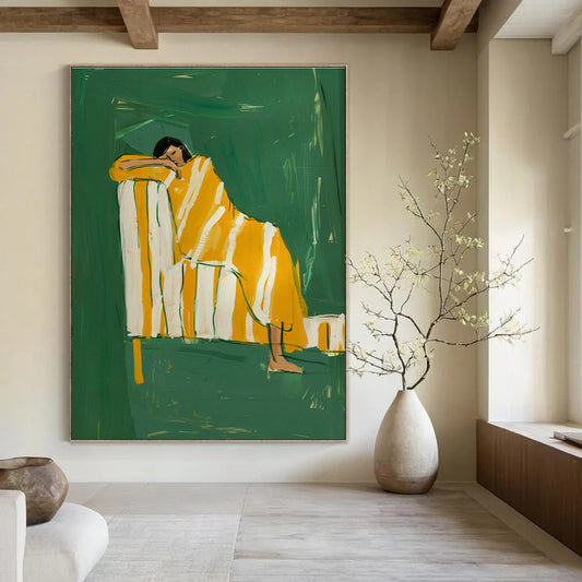 Figure in Yellow Blanket on Green Background Art for Art Deco Home & Creative Studio DLZ0689