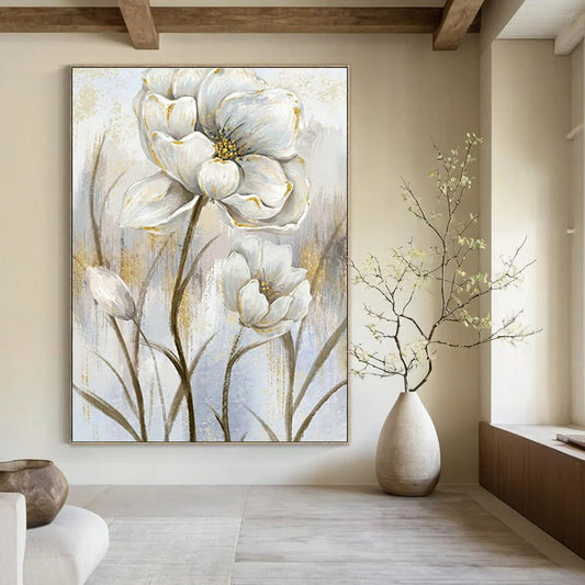 White Flower with Gold Art for Elegant Home Dining Room & Wedding Venue Decor DLZ1536