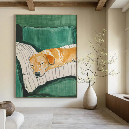 Dog Sleeping on Green Sofa Art for Pet - Friendly Home & Vet Clinic Waiting Room DLZ0688