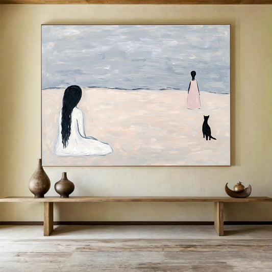 Figure and Cat on Beach Art for Coastal Home Bedroom & Intimate Reading Nook SC468