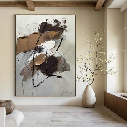 Brown - Black Line Abstract Art for Industrial - style Loft & Art Studio Break Area DLZ0786
