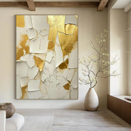 White - Gold Cracked Art for Entryway & Living Room DLZ0328