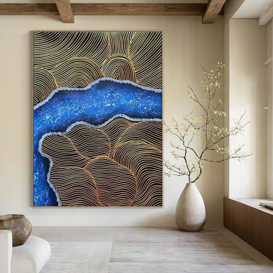 Gold - Line & Blue - Pattern Abstract Art for Luxury Hotel Lobby & Bohemian Bedroom DLZ1352