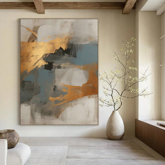 Gold - Blue - Gray Abstract Art for Coastal Home Beach House & Corporate Meeting Room DLZ1733