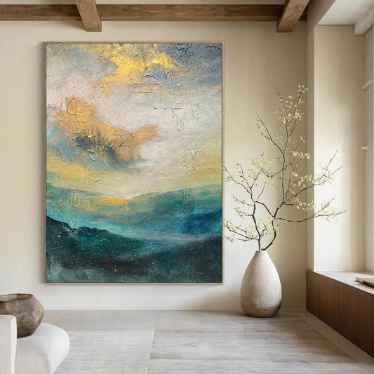 Gold - Blue Landscape - Inspired Abstract Art for Coastal Villa & Art - Themed Café DLZ1901