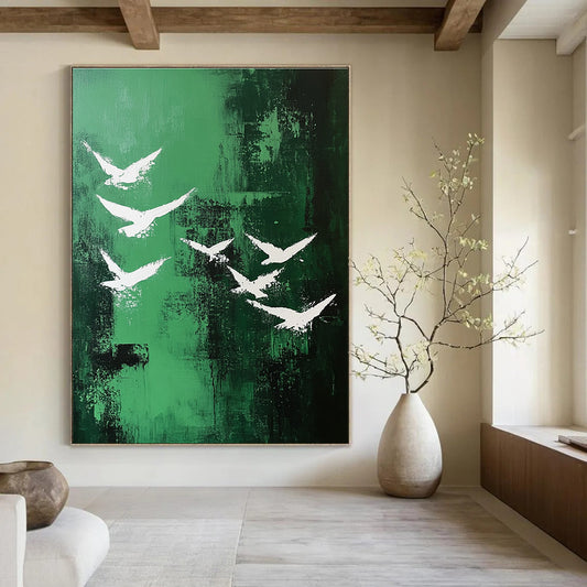 White Birds on Green for Nature - Themed Café & Serene Outdoor - Inspired Living Room STSC362