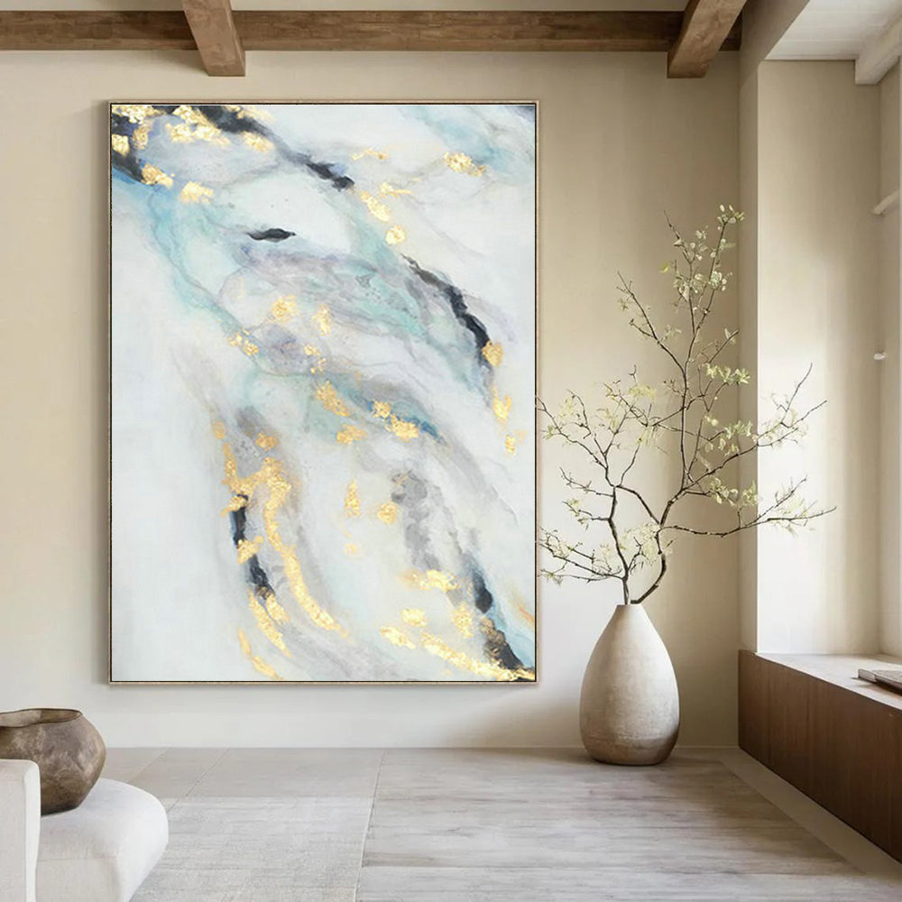 Blue - Gold Ink - Style Abstract Art for Asian - Fusion Restaurant & Zen - Inspired Home DLZ0666