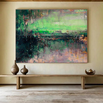 Green - Toned Lakeside Abstract Art for Serene Reading Nook DLZ2779