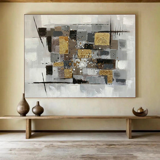 Gold - Grey Geometric Collage Art for Contemporary Study DLZ2737