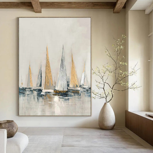 Gold - Accented Sailboat Art for Nautical Club Lounge & Coastal Hotel Lobby DLZ1423