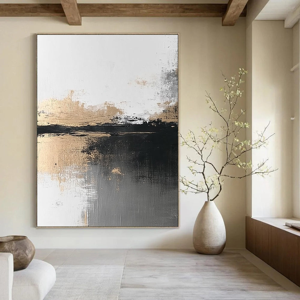 Black, White, and Gold Abstract Landscape for Minimalist Home Office & Art - Centric Lounge STSC387