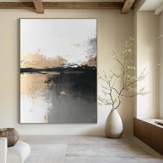 Black, White, and Gold Abstract Landscape for Minimalist Home Office & Art - Centric Lounge STSC387