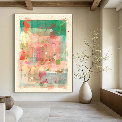 Pink - Green Collage Art for Boho - Chic Café Indoor Seating DLZ0171