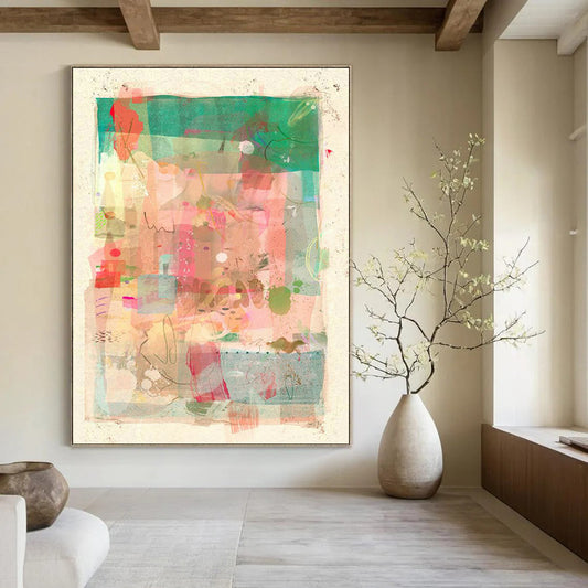 Pink - Green Collage Art for Boho - Chic Café Indoor Seating DLZ0171