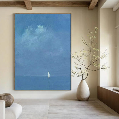 Solitary Sailboat on Blue Sea Art for Nautical Study Spaces DLZ0284