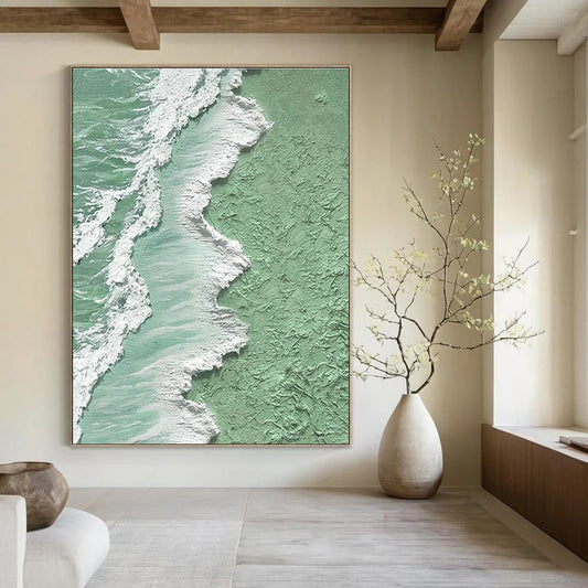 Green and White Textured Coastline Art for Beach House Decor & Eco - Friendly Art Space DLZ2205