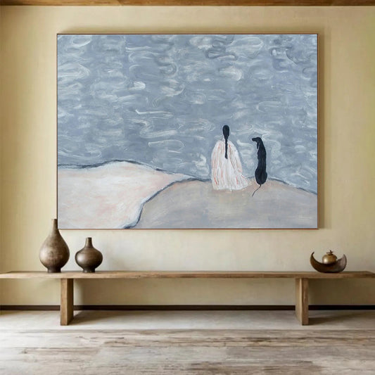 Figure and Dog by the Water Abstract Art for Serene Reading Nook DLZ2807