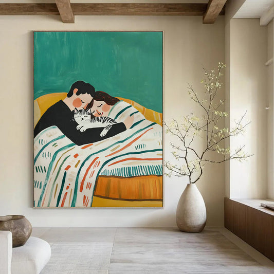 Couple with Cat on Green Sofa Art for Pet - Friendly Home & Cozy Café DLZ0699