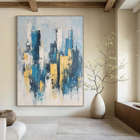 Blue and Gold Cityscape Art for Luxury Home Living Area & Art - Themed Corporate Lounge STSC1358