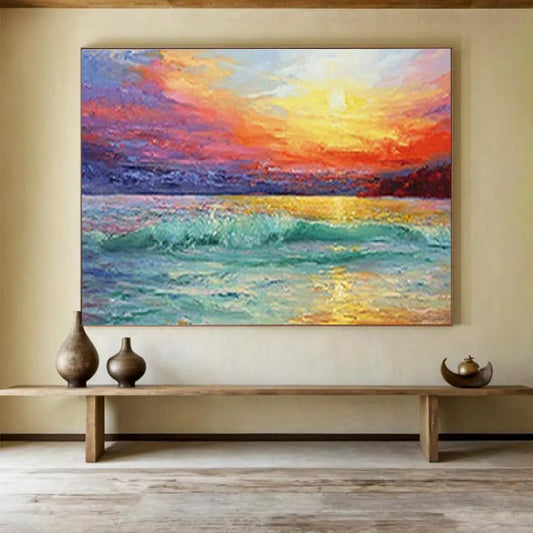 Vivid Sea Sunset Oil Painting for Coastal Home Living Room Focal Points DLZ3276