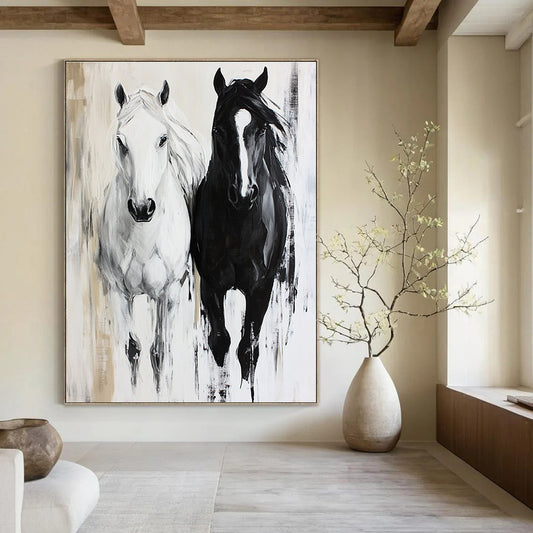 Black and White Horses  Dynamic Equine Art for Equestrian Club Lounge & Modern Home Hallway STSC1452