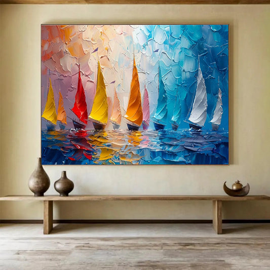 Colorful Sailboats Palette Knife Art for Nautical - Themed Yacht Club Dining Rooms DLZ3184