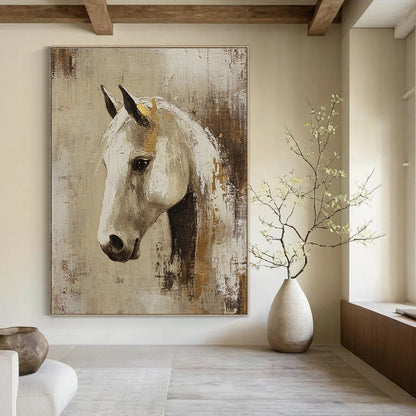 Elegant White Horse with Gold Accents Art for Equestrian Club Lounge & Sophisticated Living Room STSC143