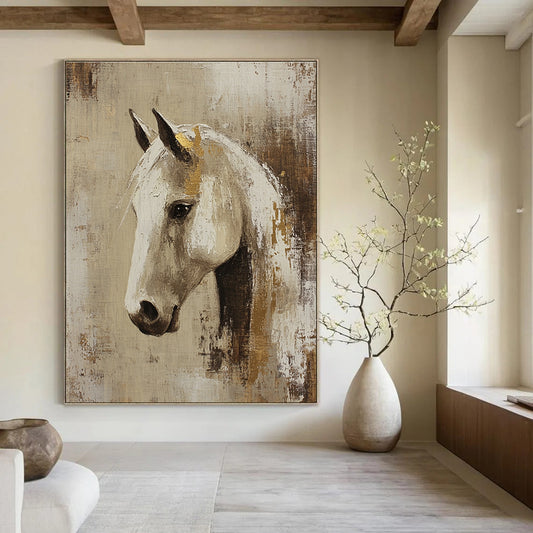 Elegant White Horse with Gold Accents Art for Equestrian Club Lounge & Sophisticated Living Room STSC143