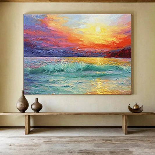 Vivid Sea Sunset Oil Painting for Coastal Villa Living Room Walls DLZ3243
