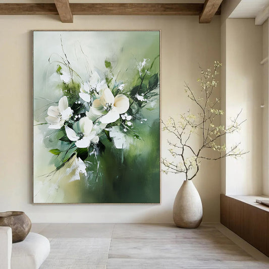 White Flowers in Green for Feminine - Inspired Bedroom & Charming Floral Café STSC365