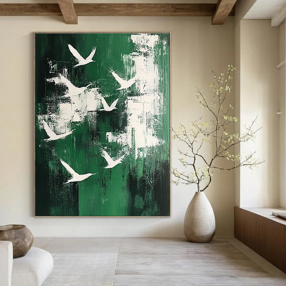 White Birds on Green with Patches for Bohemian - Style Home Office & Cozy Garden - View Nook STSC363