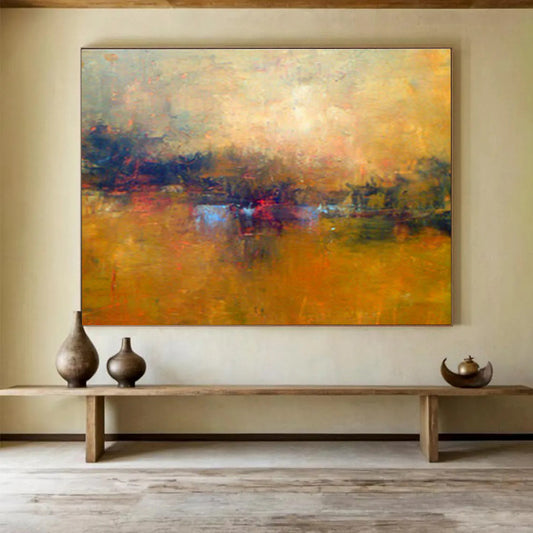 Warm Yellow Lakeside Landscape Artwork to Create a Cozy and Inviting Living Room Retreat DLZ2783