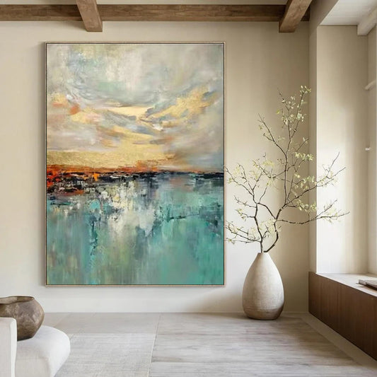 Golden - Blue Blended Landscape Abstract for Living Room & Hotel Lobby DLZ0581