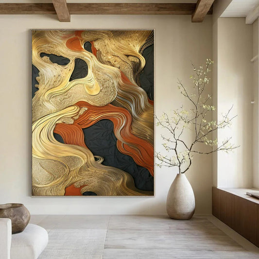 Gold - Orange - Black Abstract Art for High - End Restaurant & Luxury Home Dining Room DLZ1704