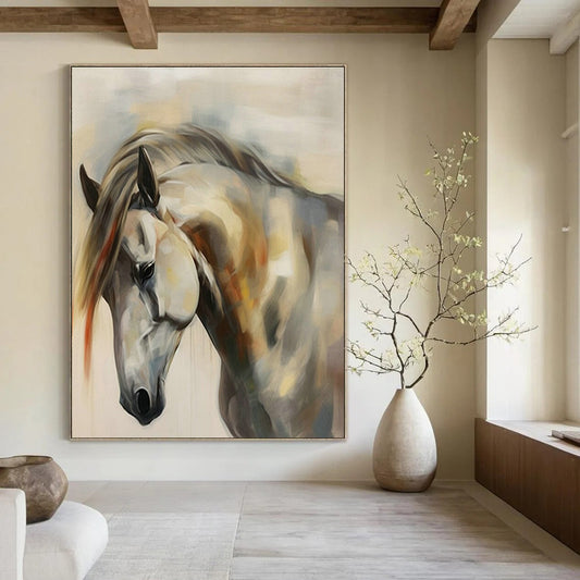 Expressive White Horse Oil Painting for Equestrian - Inspired Living Room & Serene Meditation Space DLZ1567