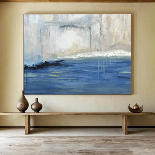 Serene Blue - White Waterfall Abstract Painting for a Peaceful and Focused Study Sanctuary DLZ2786