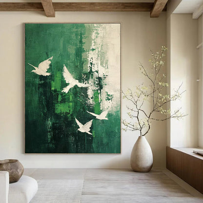 Dark Green & White Doves Abstract Art for Nature - Inspired Home & Yoga Studio DLZ1318